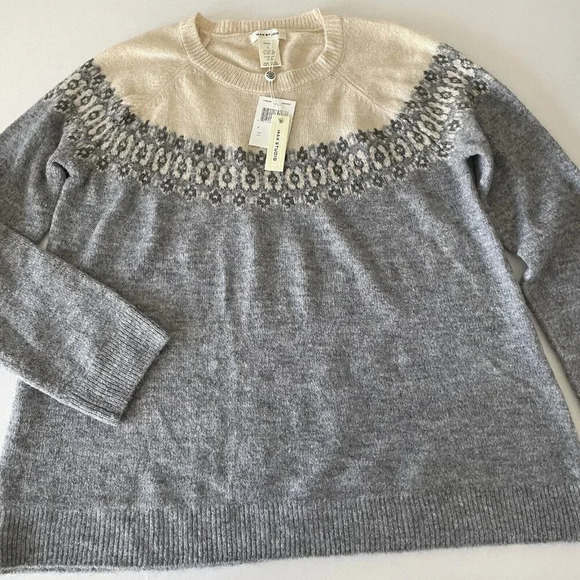 Max Studio Fair Isle Colorblock Pullover Sweater Small Gray Cream Loose Fit NWT - Picture 3 of 9